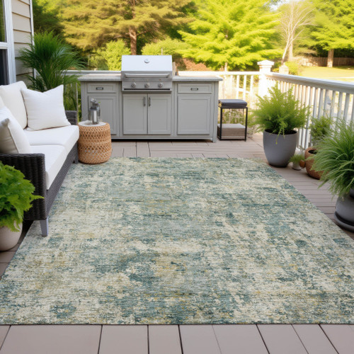 3' X 5' Artichoke Green And Teal Blue Abstract Washable Indoor Outdoor Area Rug