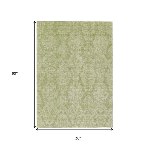 3' X 5' Artichoke Green And Beige Damask Washable Indoor Outdoor Area Rug