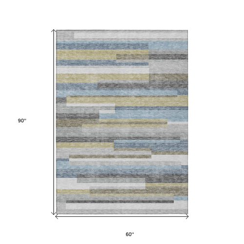 5' X 8' Gray Denim Blue And Sky Blue Striped Washable Indoor Outdoor Area Rug