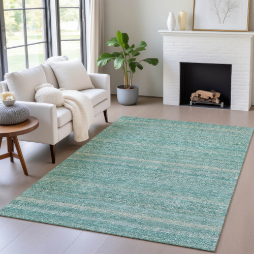 3' X 5' Teal Blue And Beige Striped Washable Indoor Outdoor Area Rug