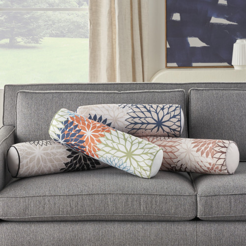 6" X 20" Black Gray and White Bolster Floral Indoor Outdoor Throw Pillow