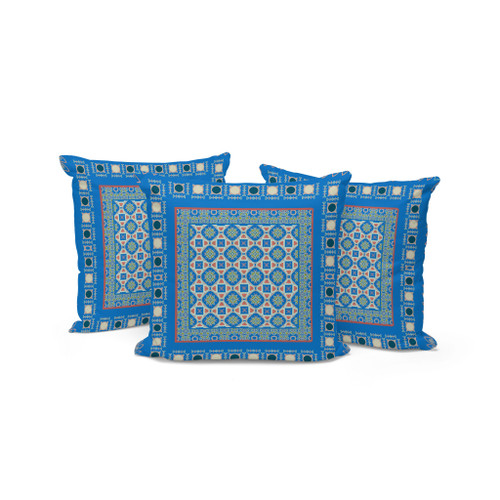 Set of Three 16" X 16" Blue and Pink Botanical Indoor Outdoor Throw Pillow Polyester Decor