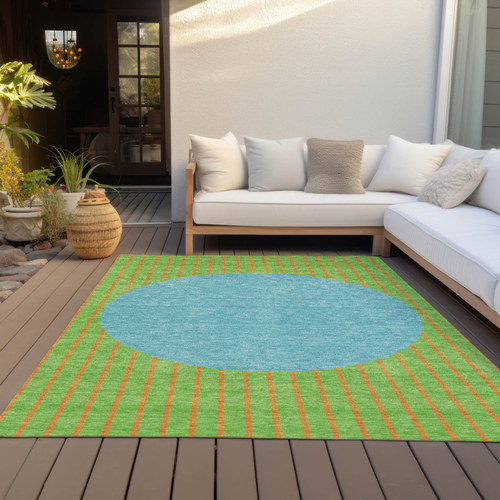 3' X 5' Lime Green And Blue Striped Washable Indoor Outdoor Area Rug
