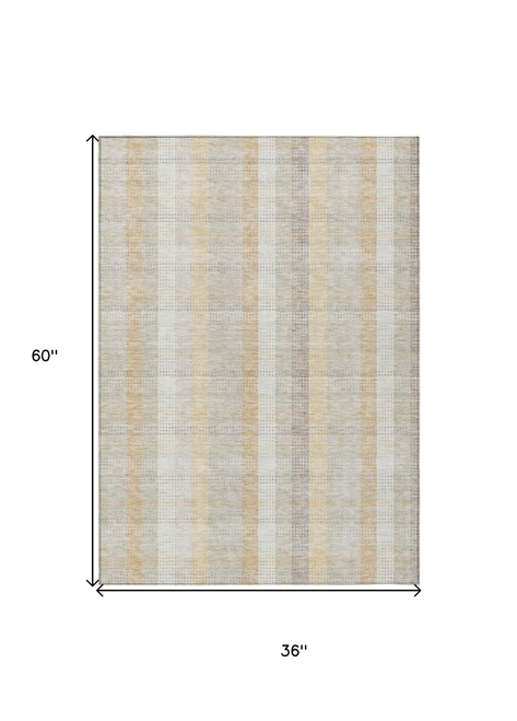 3' X 5' Ivory Beige And Tan Plaid Washable Indoor Outdoor Area Rug