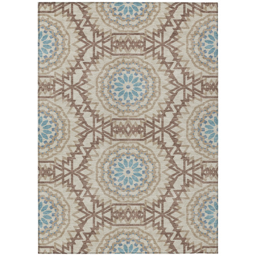 5' X 8' Khaki Brown And Taupe Floral Medallion Washable Indoor Outdoor Area Rug