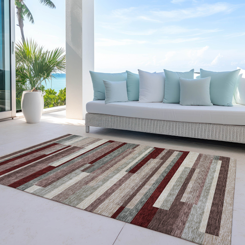 3' X 5' Merlot Burgundy And Beige Striped Washable Indoor Outdoor Area Rug