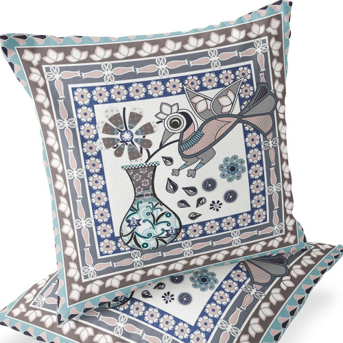 Set of Two 16" X 16" Beige and Gray Peacock Blown Seam Floral Indoor Outdoor Throw Pillow