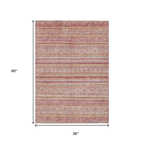 3' X 5' Rust And Coral Oriental Washable Indoor Outdoor Area Rug