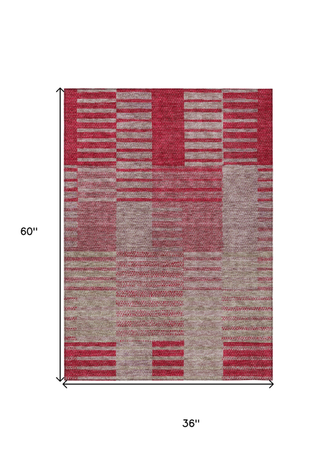 3' X 5' Burgundy Pink And Blush Striped Washable Indoor Outdoor Area Rug