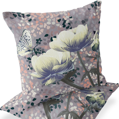 Set of Two 16" X 16" Gray and Yellow Butterfly Blown Seam Floral Indoor Outdoor Throw Pillow Polyester