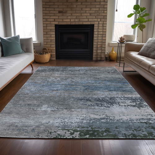 3' X 5' Pewter Navy Blue And Charcoal Abstract Washable Indoor Outdoor Area Rug