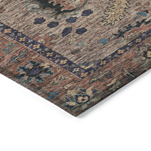 3' X 5' Brown And Beige Floral Washable Indoor Outdoor Area Rug