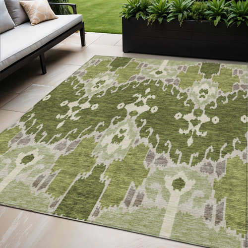 5' X 8' Olive Green And Artichoke Green Ikat Washable Indoor Outdoor Area Rug
