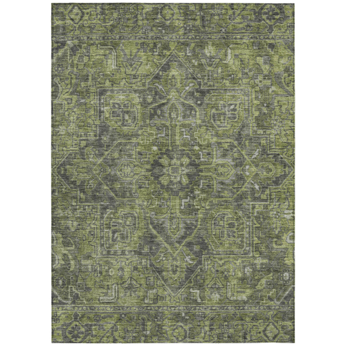 5' X 8' Moss Green and Gray Oriental Washable Non Skid Indoor Outdoor Area Rug