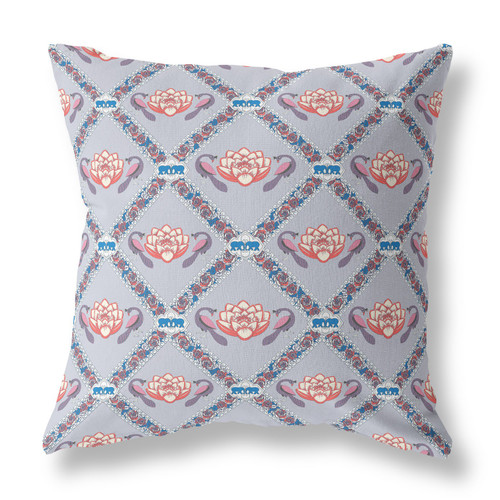 16" X 16" Gray Red Blue Lotus Floral Blown Seam Suede Throw Pillow