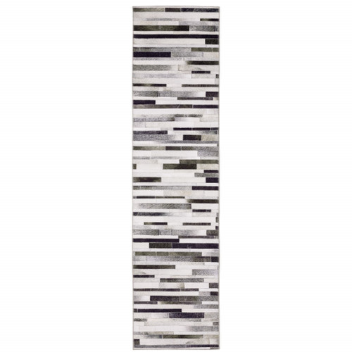 8' Gray And Charcoal Geometric Runner Rug Polyester Decor