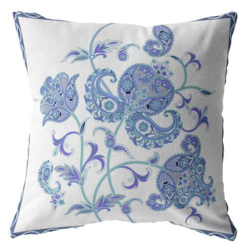 20” Blue White Wildflower Suede Throw Pillow