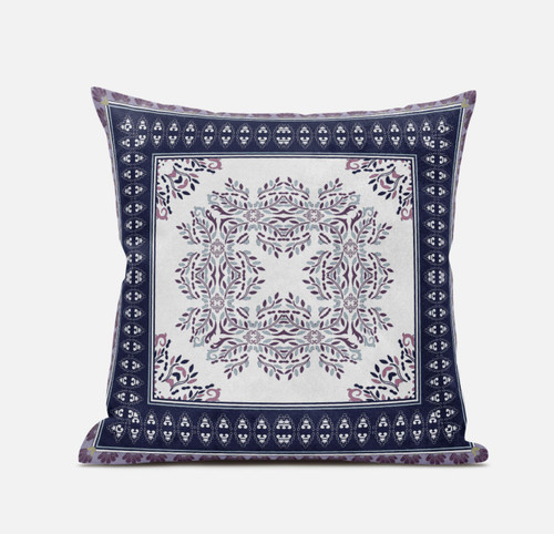 18" X 18" Cream Red Blue Geometric Blown Seam Suede Throw Pillow