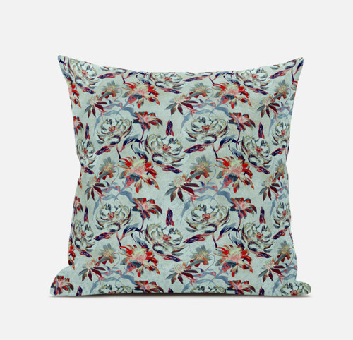 20" Red Aqua Roses Suede Throw Pillow