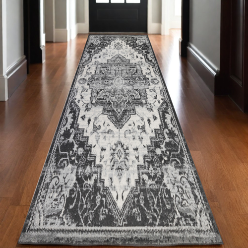 10' Ivory Black And Gray Medallion Runner Rug