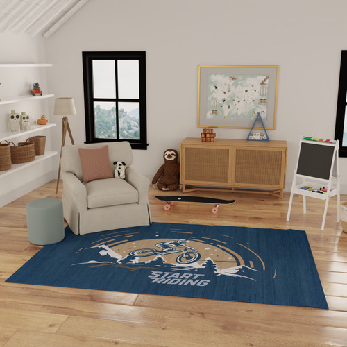 7' X 9' Blue Gold And White Transportation Youthful Flatweave Washable Area Rug