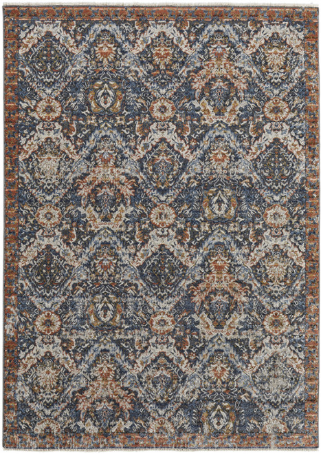 2' X 3' Ivory Blue And Burnt Orange Floral Area Rug With Fringe