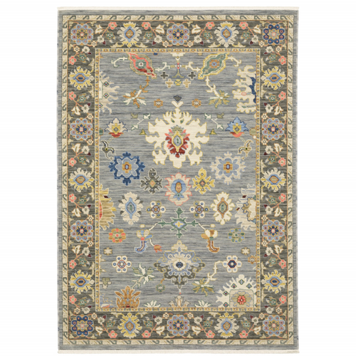 12' Blue And Gray Genuine Wool Oriental Runner Rug With Fringe
