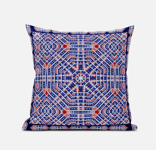 18" X 18" Indigo Red Geometric Blown Seam Suede Throw Pillow