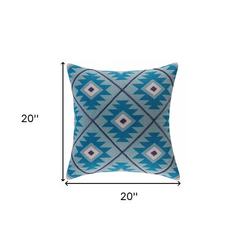20" X 20" Blue And White 100% Cotton Geometric Zippered Pillow