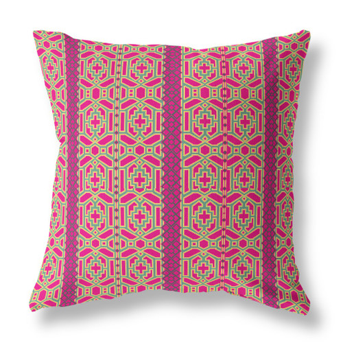 20" X 20" Pink And Green Geometric Blown Seam Suede Throw Pillow