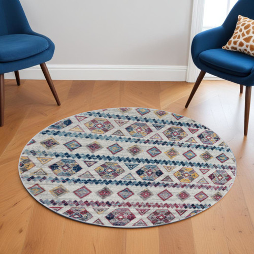 6' Ivory Blue and Orange Geometric Power Loom Round Rug