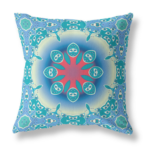 20" X 20" Blue And Red Geometric Blown Seam Suede Throw Pillow