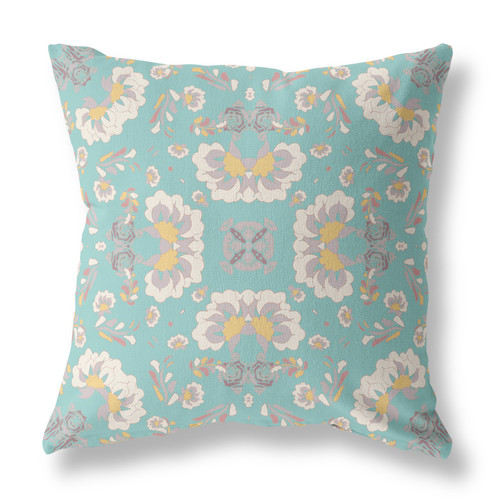 16" X 16" Green And White Floral Blown Seam Suede Throw Pillow