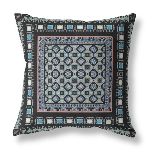 20" X 20" Black And Blue Floral Blown Seam Suede Throw Pillow