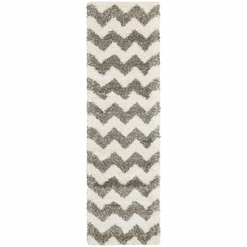 2' X 8' Grey And Ivory Geometric Shag Power Loom Stain Resistant Runner Rug Polypropylene