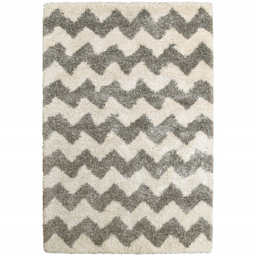 2' X 3' Grey And Ivory Geometric Shag Power Loom Stain Resistant Area Rug Polypropylene