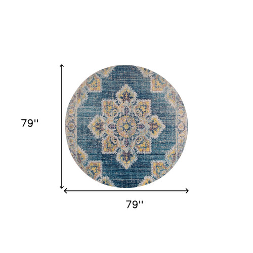 6' Blue Rust And Beige Medallion Round Rug