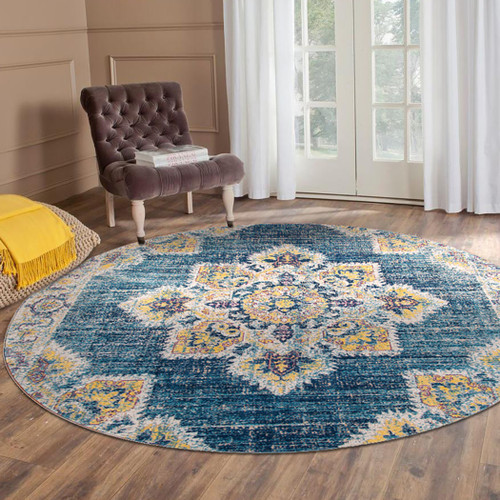 6' Yellow and Navy Medallion Power Loom Round Rug