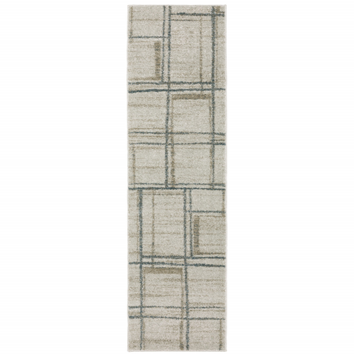 8' Beige And Blue Geometric Distressed Runner Rug