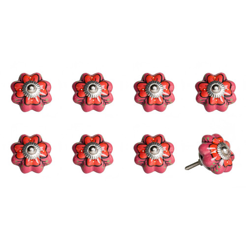 Set of Eight Red Pink And Green Floral Ceramic Drawer Pull Knobs