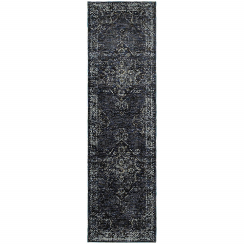 8' Blue And Ivory Oriental Runner Rug Polypropylene, Nylon