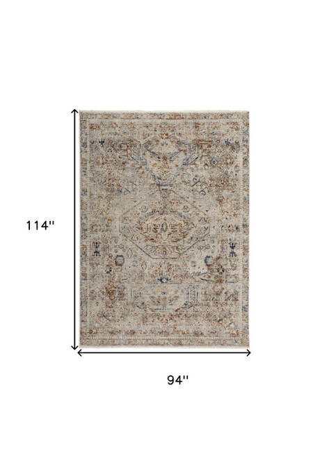 8' X 10' Tan and Red Floral Power Loom Distressed Non Skid Area Rug With Fringe