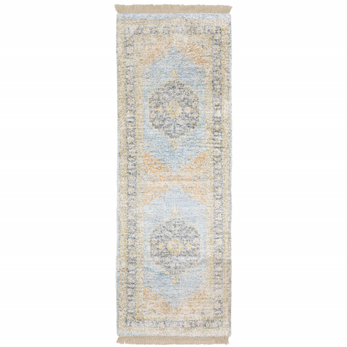 8' Blue and Beige Oriental Hand Loomed Runner Rug With Fringe