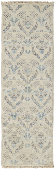 8' Gray and Ivory Wool Floral Hand Knotted Runner Rug With Fringe