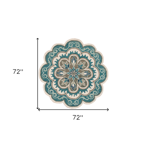 6' X 6' Blue Round Wool Floral Hand Tufted Area Rug