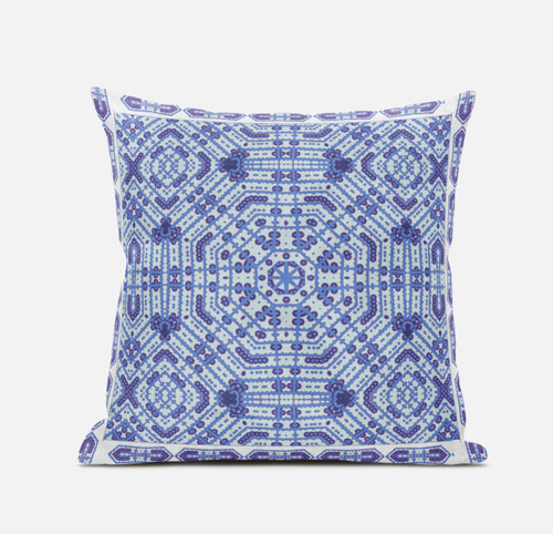 20" X 20" Indigo White Geometric Blown Seam Suede Throw Pillow