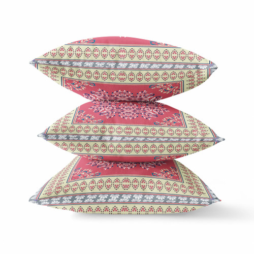 16" X 16" Cream Pink Geometric Blown Seam Suede Throw Pillow