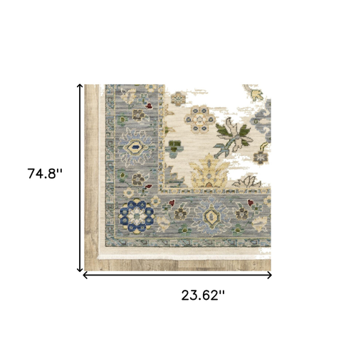 6' Ivory And Blue Oriental Runner Rug With Fringe