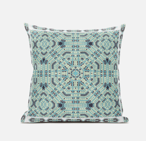 20" X 20" Blue Light Green Geometric Blown Seam Suede Throw Pillow