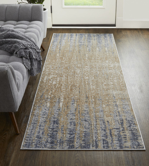 12' Tan And Blue Abstract Distressed Runner Rug